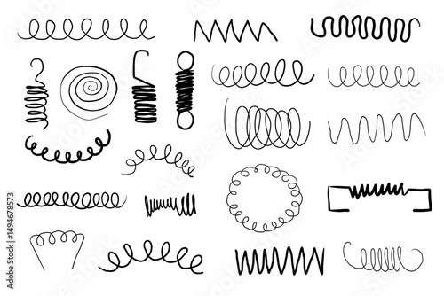 Metal coil spiral bounce metal line hand drawn doodle. Slinky or wire flexible spring. Set curly wavy twisted shape.