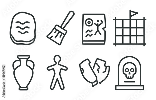 Archaeology and history outline icons set – ancient, excavation, artifact symbols