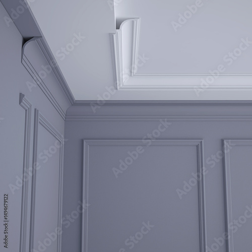 Part of the interior with cornices on the ceiling and walls. 3D render.
