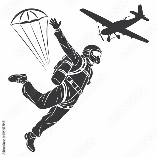 Skydiver jumps from plane with parachute black silhouette illustration