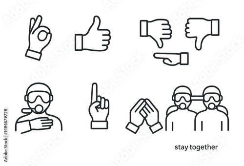 Diving communication icons set – line, outline, underwater hand signals