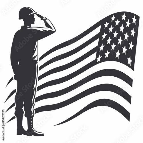 Silhouette of soldier saluting with waving american flag for memorial day