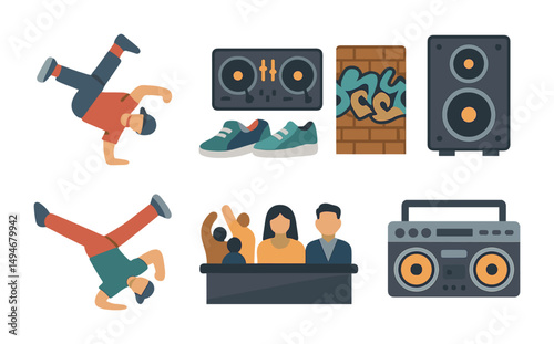 Hip hop and breakdance icons set – flat, solid, urban and music elements