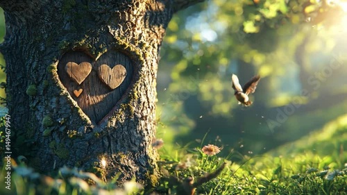 In the foreground, two hearts are carved into a tree, the sun is shining, two birds are flying, green grass 