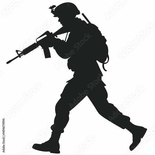 Soldier silhouette armed with rifle advancing in military operation vector illustration