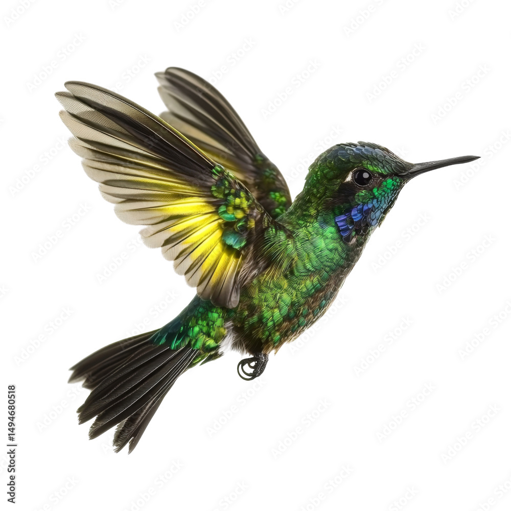 Obraz premium vibrant hummingbird with iridescent green and yellow feathers, gracefully hovering in mid air, showcasing its delicate wings and colorful plumage
