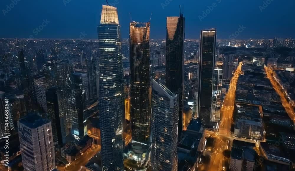 custom made wallpaper toronto digitalThe aerial view of the city center, filled with shimmering high-rise towers at blue hour, comes to life as the camera slowly pans across the skyline