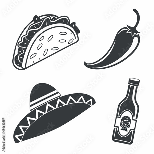 Mexican food culture monochrome illustration with taco chili pepper hat and beer bottle