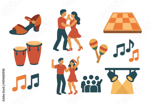 Latin dance flat icons set – vibrant, musical, party-themed symbols