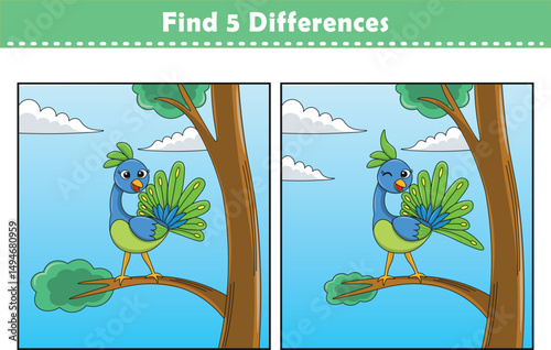 Funny cartoon pou bird. Find 5 differences. Kids Education games. Cartoon vector illustration