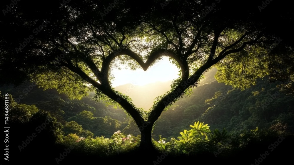 Fototapeta premium Tropical jungle heart-shaped tree surrounded by lush leaves nature's serenity at dawn