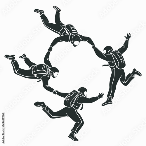 Skydivers team formation black and white silhouette skydiving group activity