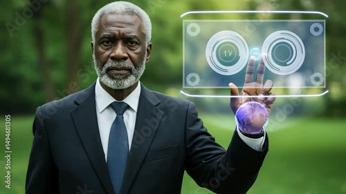 Senior Businessman Touching Virtual Screen – Futuristic Tech Interaction