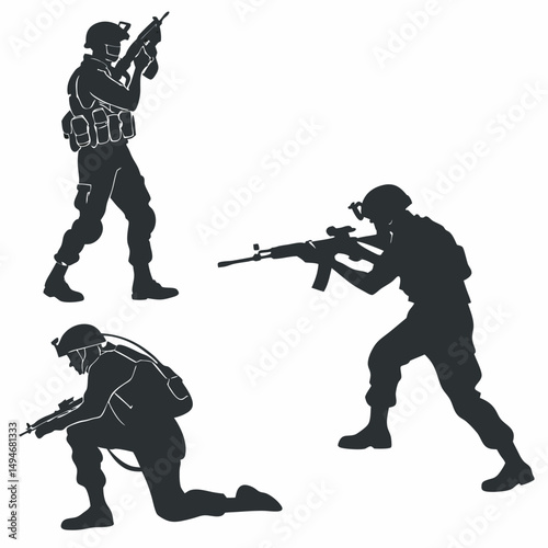 Silhouette vector of soldiers in tactical gear holding rifles ready for battle