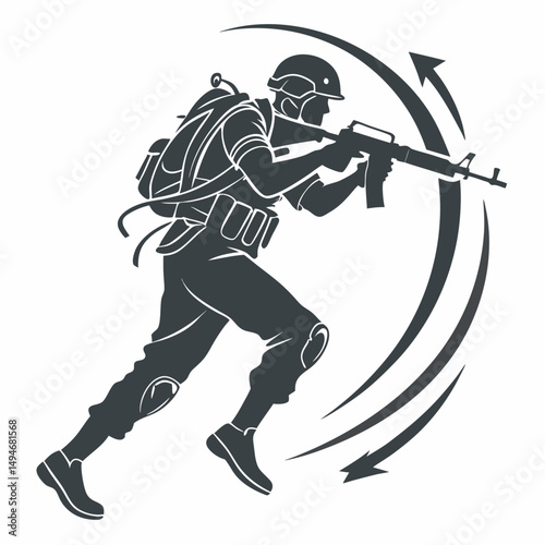 Soldier silhouette running with assault rifle in attack formation arrows background