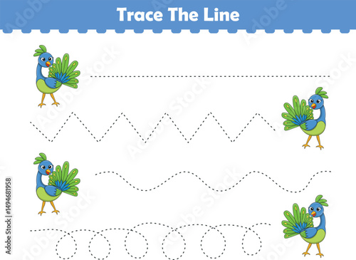 Trace line worksheets for children. Preschool handwriting practice with pou bird. Vector illustration