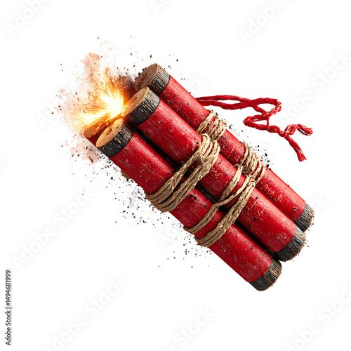 Bundle of red dynamite sticks with lit fuse isolated on white background