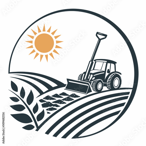 Tractor agriculture logo design vector illustration farming field and sunny weather