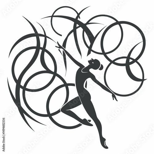 Abstract ballerina silhouette with dynamic circular lines elegant black and white vector