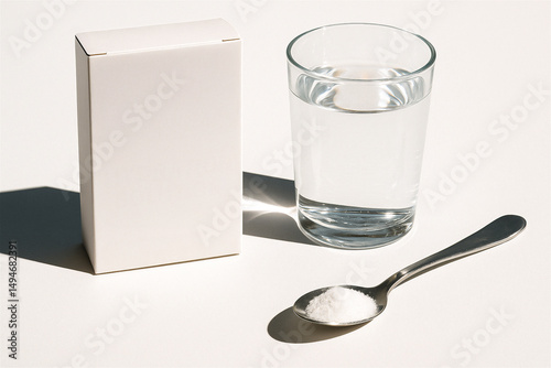 Glass of water, spoon with white powder and a blank white box. Minimalist rehydration supplement concept.