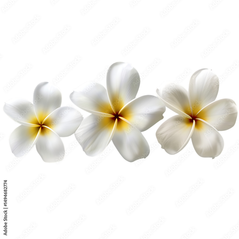 Fototapeta premium White frangipani flowers isolated on white background with fresh tropical blossoms