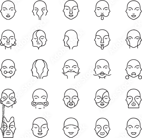 20 Unique Minimalist Icons of Mirrored Curved Profiles with Connecting Loops Between Mouths. 