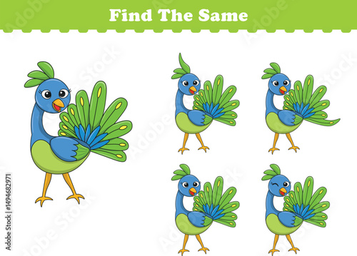 Funny cartoon pou bird. Find same pictures. Educational game for children. Cartoon vector illustration