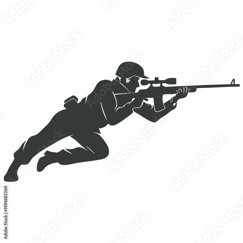 Silhouette of military sniper aiming rifle in prone position black and white vector