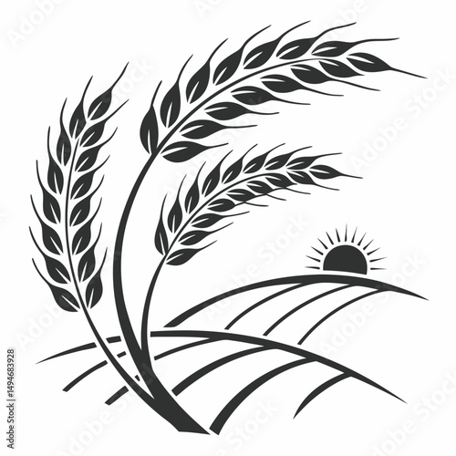 Vector wheat field with rising sun agriculture and harvest symbol