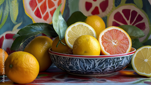 Vibrant citrus fruits and fresh greens with red accents for healthy living inspiration