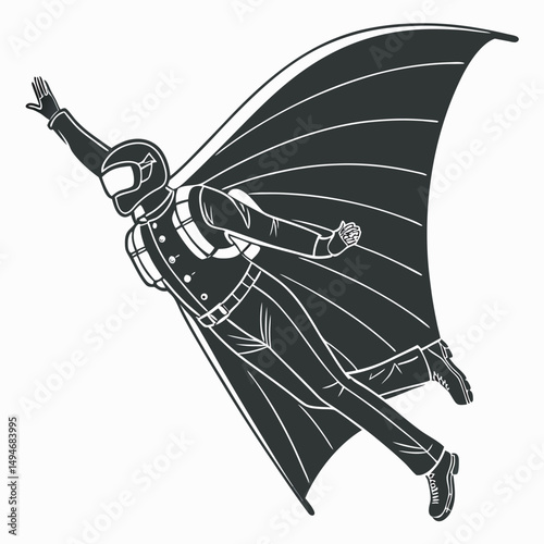 Isolated black and white vector illustration of a wingsuit skydiver in flight