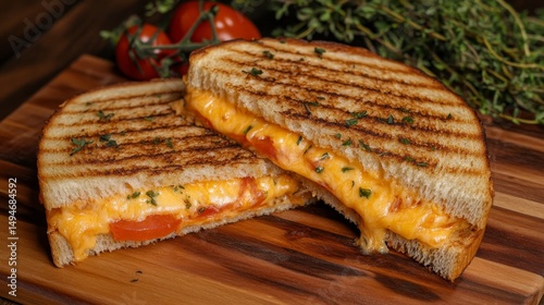 Artisan Grilled Cheese Sandwich Oozing Melted Cheese, Fresh Tomato, and Herbs on Toasty Bread