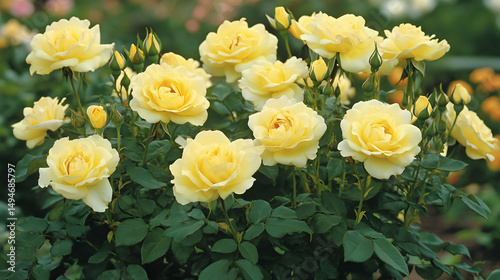 Vibrant yellow rosebuds blooming in a lush garden, ideal for nature and floral decor themes