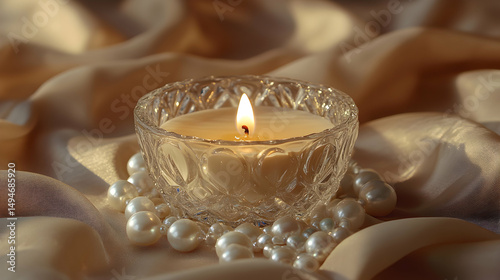 Vintage candle in a crystal holder surrounded by pearls and soft silk fabric