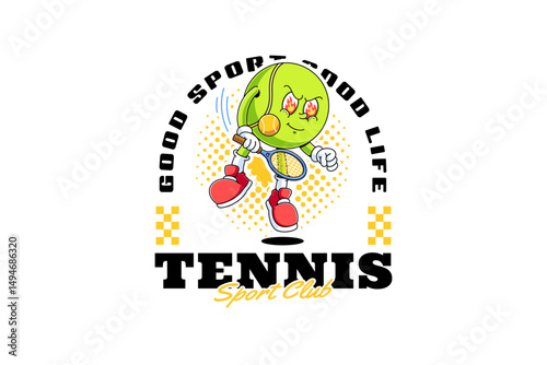 tennis ball retro cartoon character mascot illustration with holding racket, onfire expression and smashing pose for tennis club and professional player mascots and merchandise