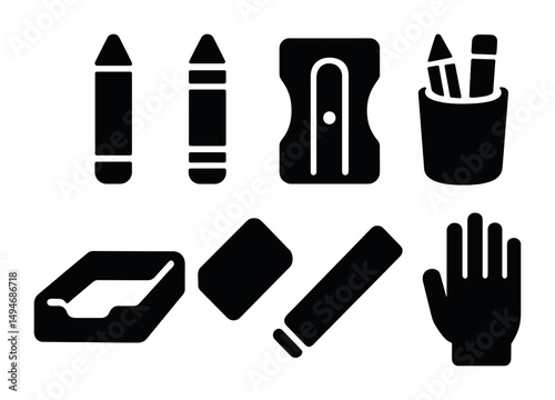 School supplies solid icons set – stationery, education, learning symbols