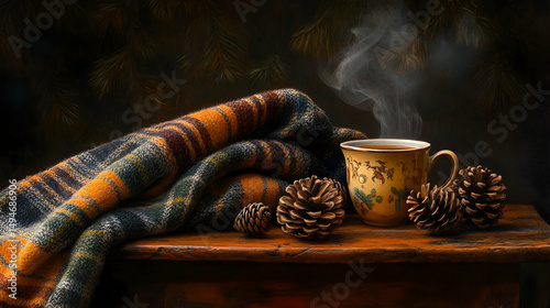 Warm autumn still life featuring a plaid blanket, pinecones, and a cup of steaming tea on a wooden table