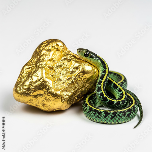 Green snake curled around a shiny gold nugget on a white surface during a still life display