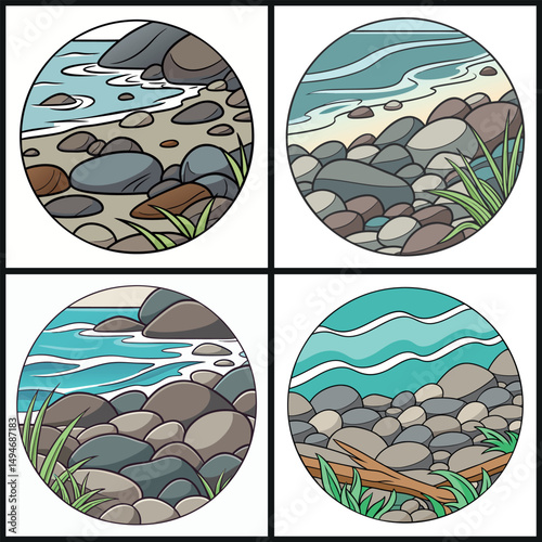 Calm rocky beach scenes with ocean waves, coastal stones, and plants in oval frame illustrations for nature backgrounds