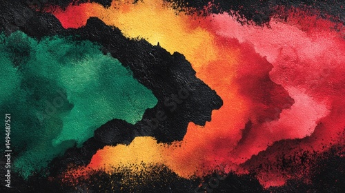Abstract background of spilled paint in red, yellow, green, black colors. Abstract wallpaper for Black History Month, Juneteenth, Kwanzaa