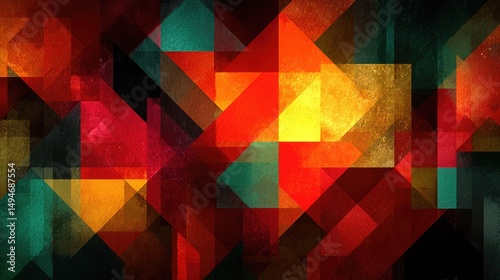 Abstract background of geometric shapes in mosaic style in red, yellow, green, black colors. Abstract wallpaper for Black History Month, Juneteenth, Kwanzaa