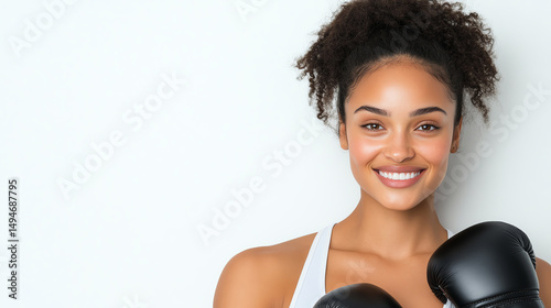 A smiling woman with boxing gloves, showcasing confidence and strength in a fitness environment, ready for training and empowerment. photo
