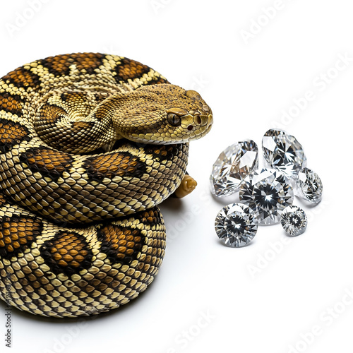 Snake resting beside sparkling diamonds on a white surface during bright lighting