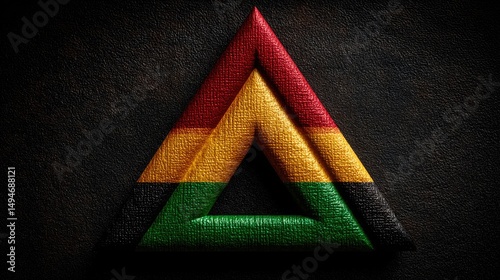 Geometric triangle figure consisting of different color elements - red, yellow, green, black colors. Background for Black History Month, Juneteenth, Kwanzaa.