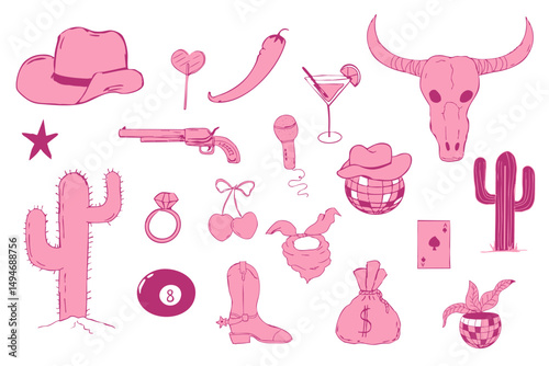 Wild west coquette y2k bachelorette cowgirl party collection, western pink rodeo doodle with retro disco elements. Hat, heart and boots.