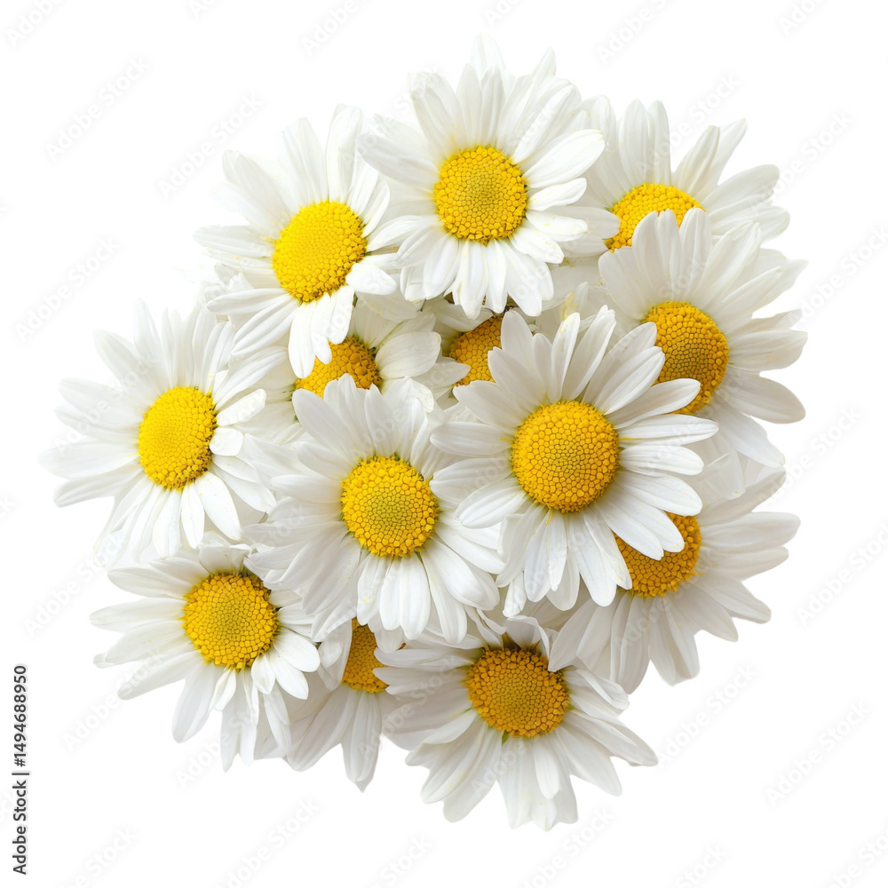 Fototapeta premium Fresh white daisies with bright yellow centers arranged beautifully, symbolizing purity and joy. Perfect for floral arrangements or nature themed designs