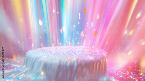 White background with vibrant rainbow light streaks and dreamy holographic glow
