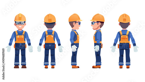 Technician worker wearing helmet, overall uniform, protective goggles. Character constructor for animation. Front, side and back view set. Body parts, postures, poses collection. Vector illustration.T