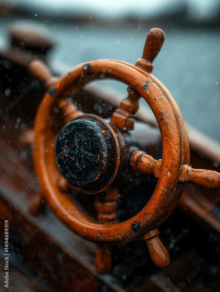 Rain lashes a weathered wooden ship's wheel, evoking feelings of adventure and nautical nostalgia. The close-up reveals intricate details and rich textures Rain lashes a weathered wooden ship's wheel, evoking feelings of adventure and nautical nostalgia. The close-up reveals intricate details and rich textures