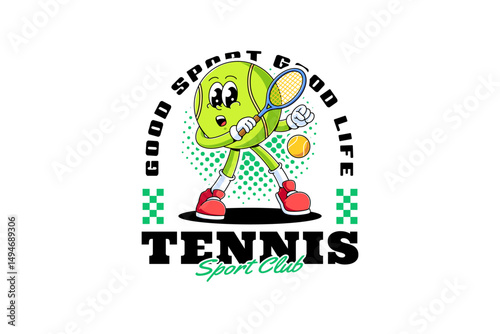 tennis ball retro cartoon character mascot illustration with standing, return of serve pose and gripping racket or tennis club and professional player mascots and merchandise